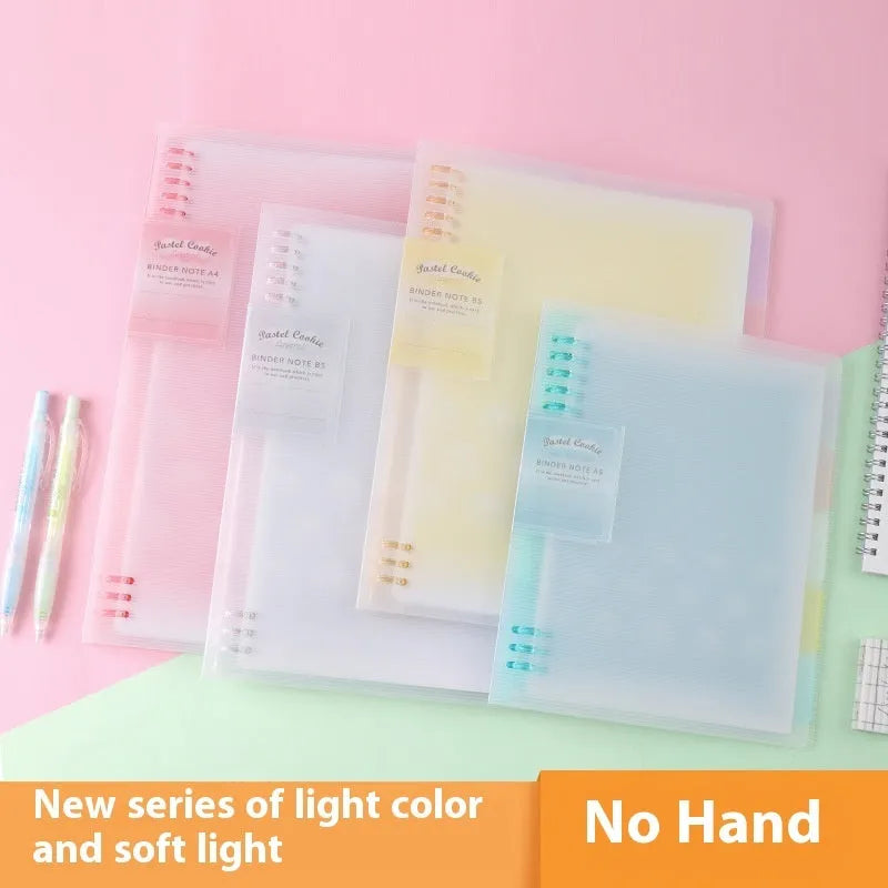 Refillable loose-leaf notebook in pastel blue with transparent PP cover and B5 size