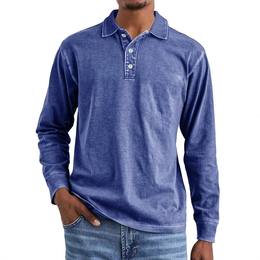 Men's retro washed black cotton long sleeve polo shirt with lapel collar laid flat