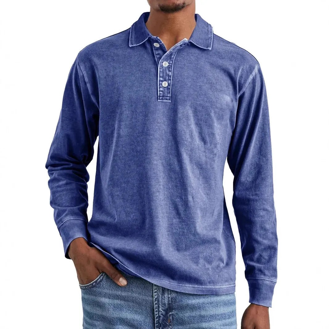 Men's retro washed black cotton long sleeve polo shirt with lapel collar laid flat