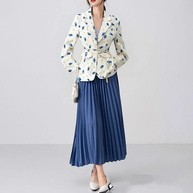 Women's apricot suit jacket with lace-up detail on the collar and a cinched waist.