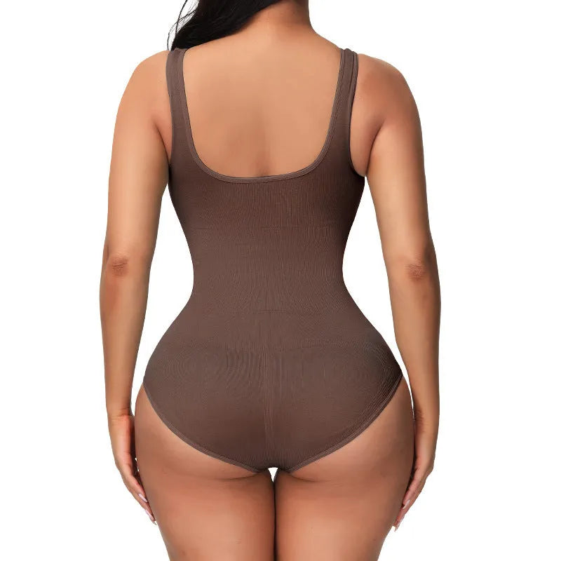 Seamless women's bodysuit corset shapewear in thin nylon fabric for waist support and hip lift.
