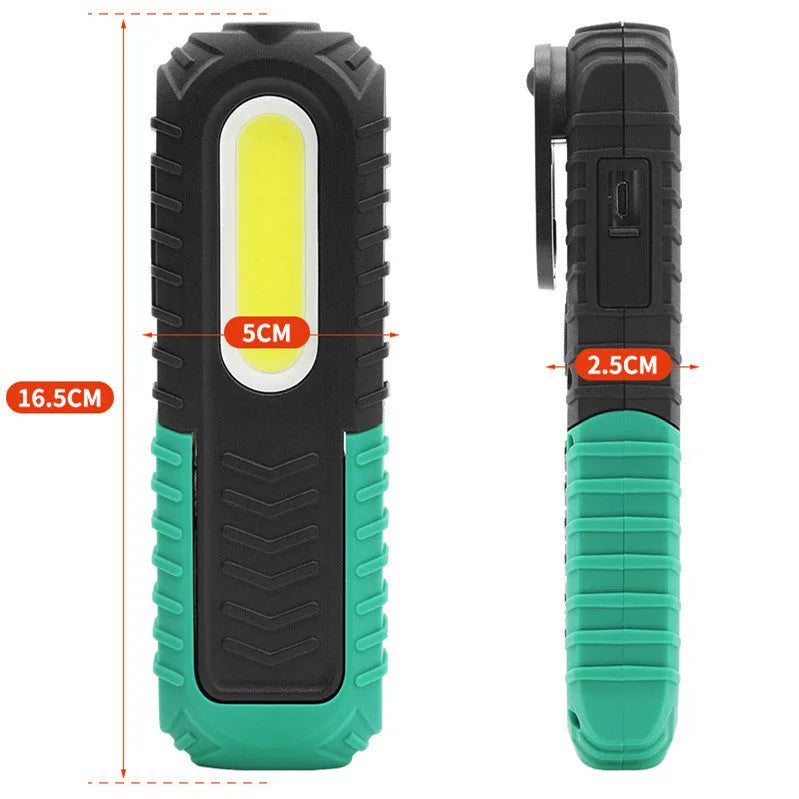 Black and green auto repair work light with USB charging port and 6500K white light for vehicle maintenance