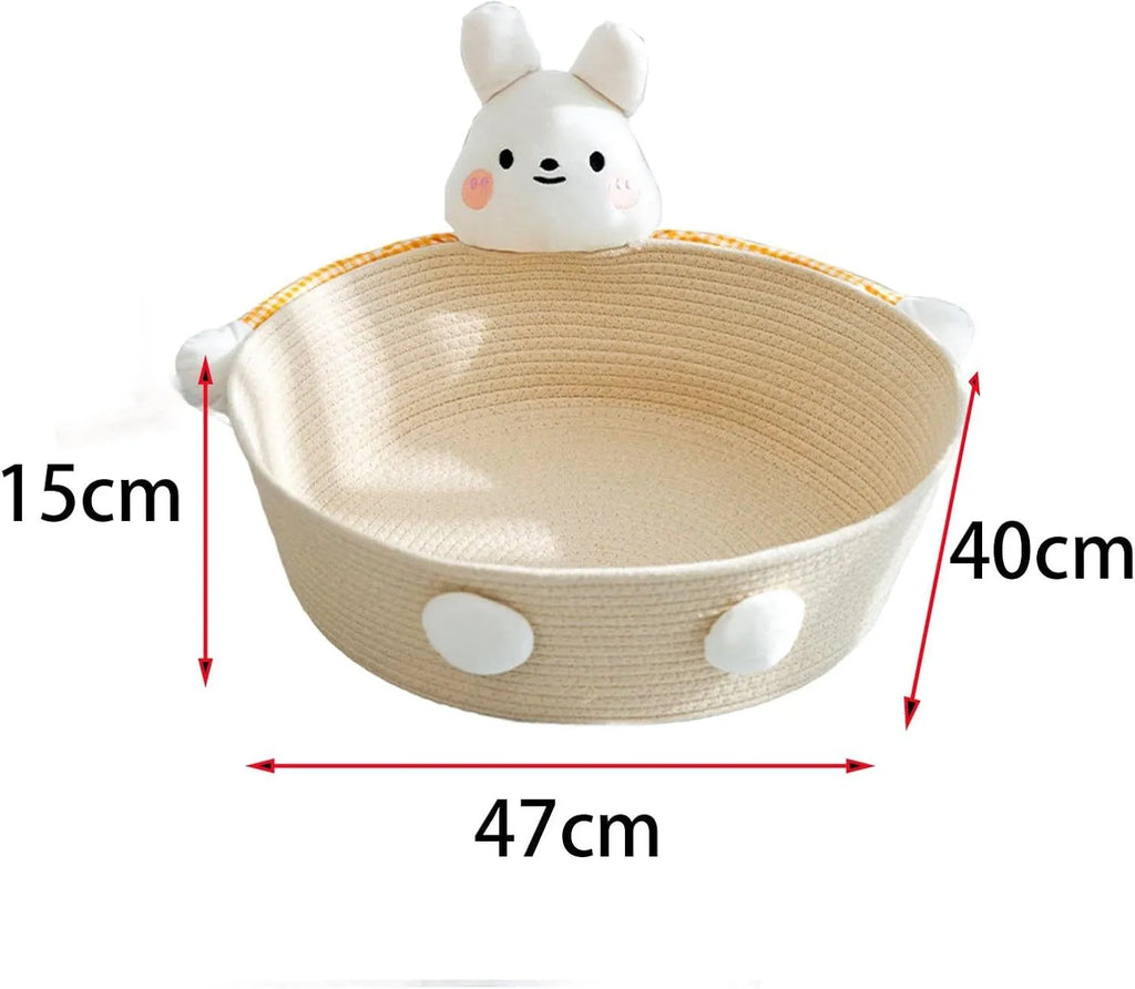 Woven cotton rope cat bed basket with integrated scratching surface in rabbit design