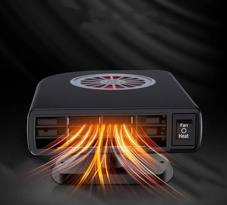 Black vehicle-mounted 12V car heater with adjustable vent for defogging and cabin heating