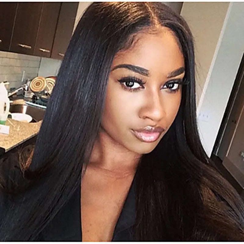 Long straight synthetic wig with centre parting and bangs in black colour