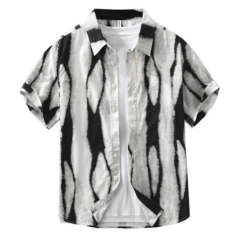 Retro striped loose-fit cotton cardigan shirt for men in black or brown colours