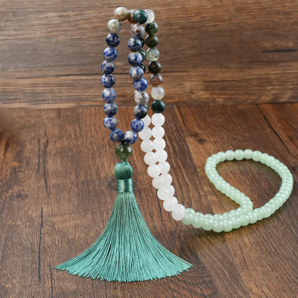 108 natural stone tassel long necklace with mixed gem pendant in boho style, unisex, 81cm plus circumference