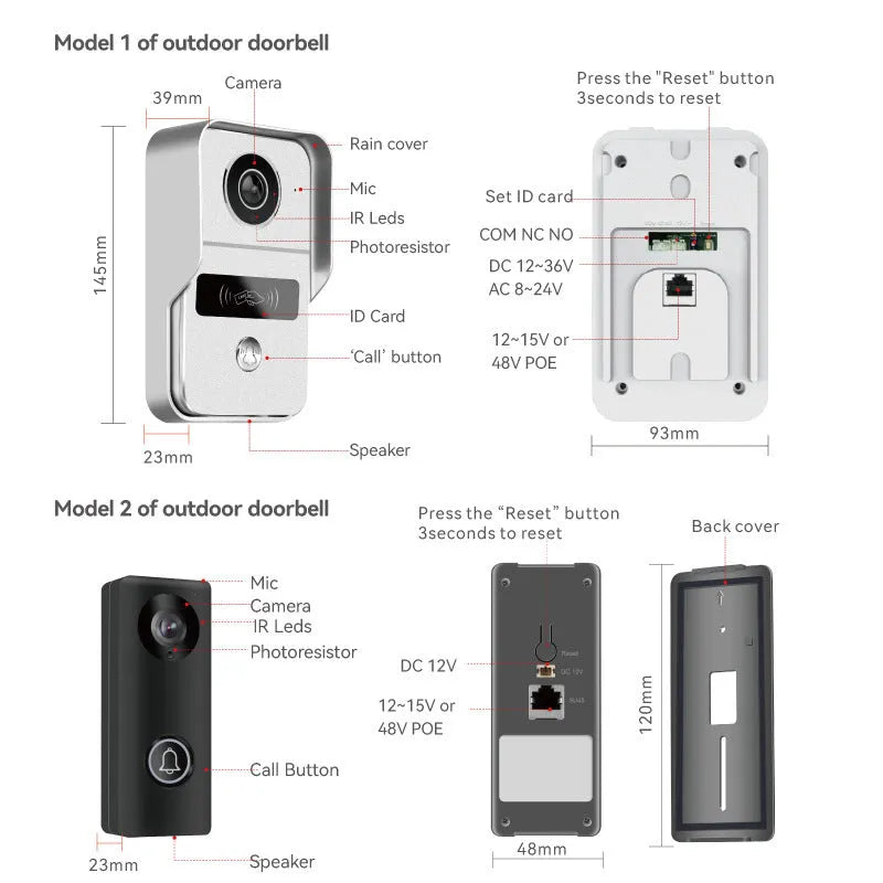 10-inch display and outdoor unit of a wired 1080P video intercom doorbell system with installation tools.