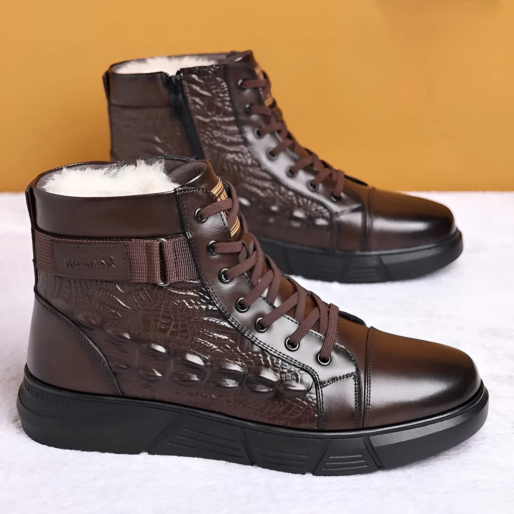 Men's black genuine leather snow cotton boots with a velvet finish and rubber sole.