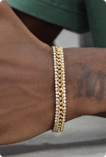 Gold electroplated titanium steel tennis bracelet with artificial gemstones for men and women.