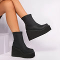 Plus size women's platform boots with wedge heel and round toe in black leather
