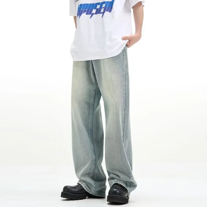 Blue retro-style loose casual trousers made of rabbit fur fabric on a hanger.