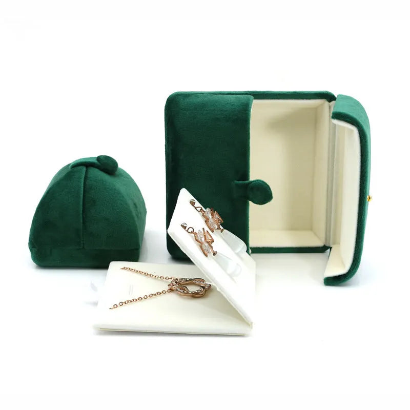 Dark Green Super Soft Flannel Creative Double Ring Box for Jewelry Packaging Double Door Flip Design with Gold Plating Process Peacock Green