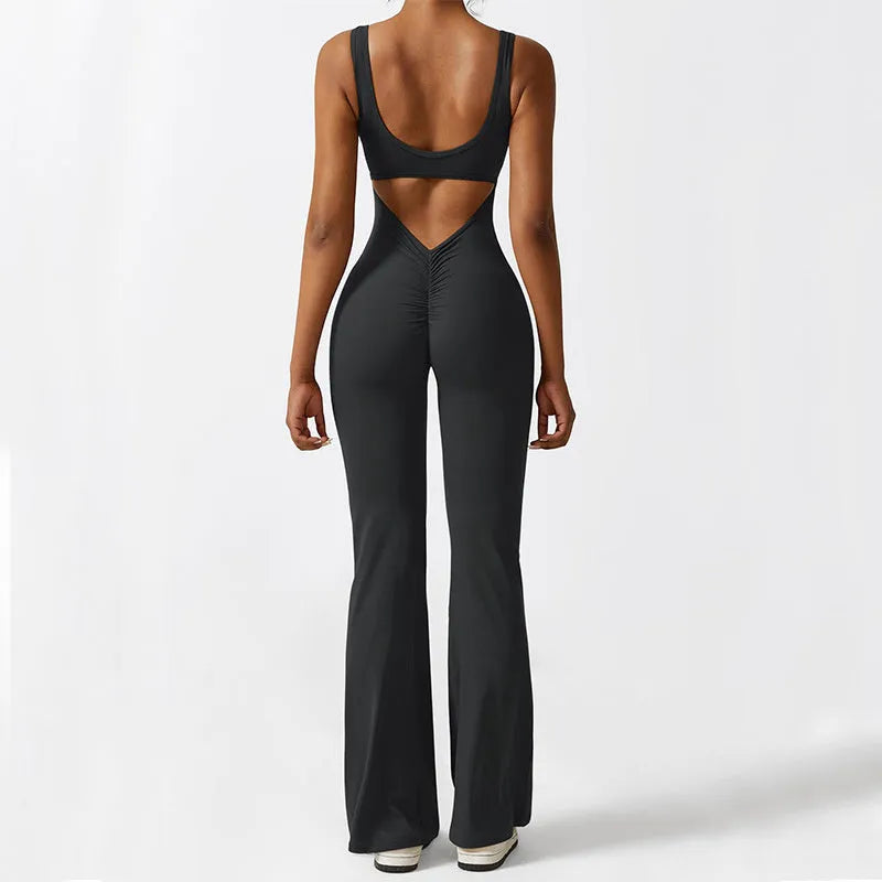 Women's sleeveless flare jumpsuit for fitness and yoga in high elasticity polyester fabric