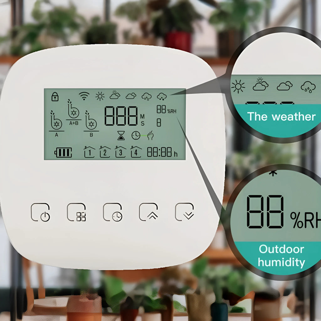 Graffiti smart home rechargeable sprinkler timer with WiFi timing, 2600mAh battery, and drip irrigation accessories