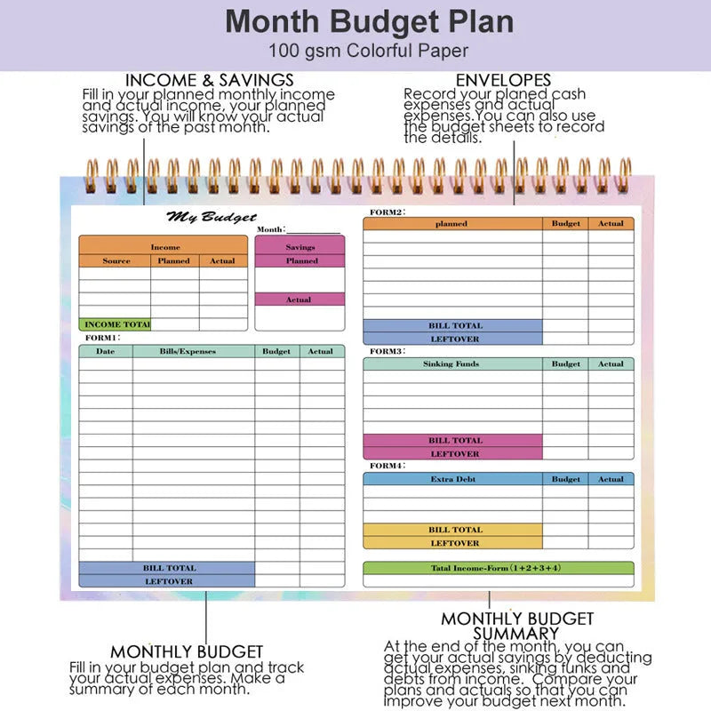 B5 spiral bound budget tally book with a PP cover, open on a table.