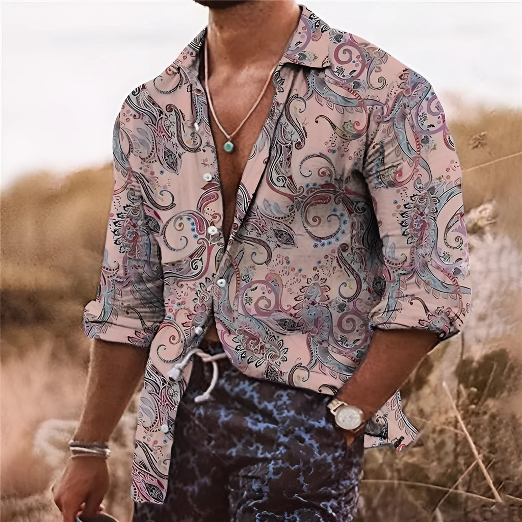 Man wearing a loose-fit long sleeve shirt with a detailed 3D floral digital print pattern.