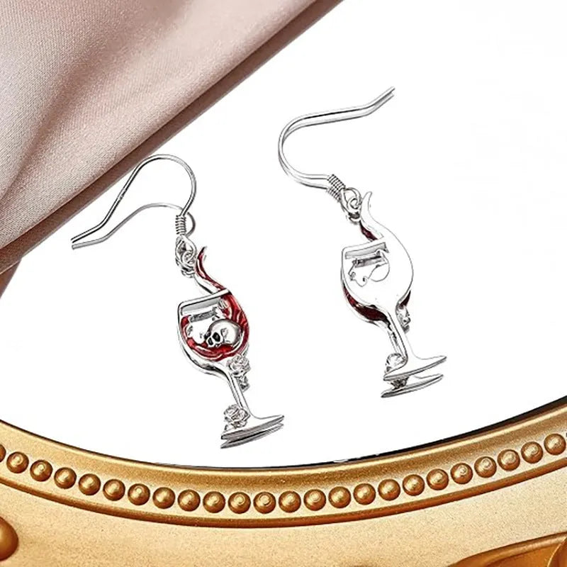 Halloween skull wine glass geometric zinc alloy electroplated earrings silver tone