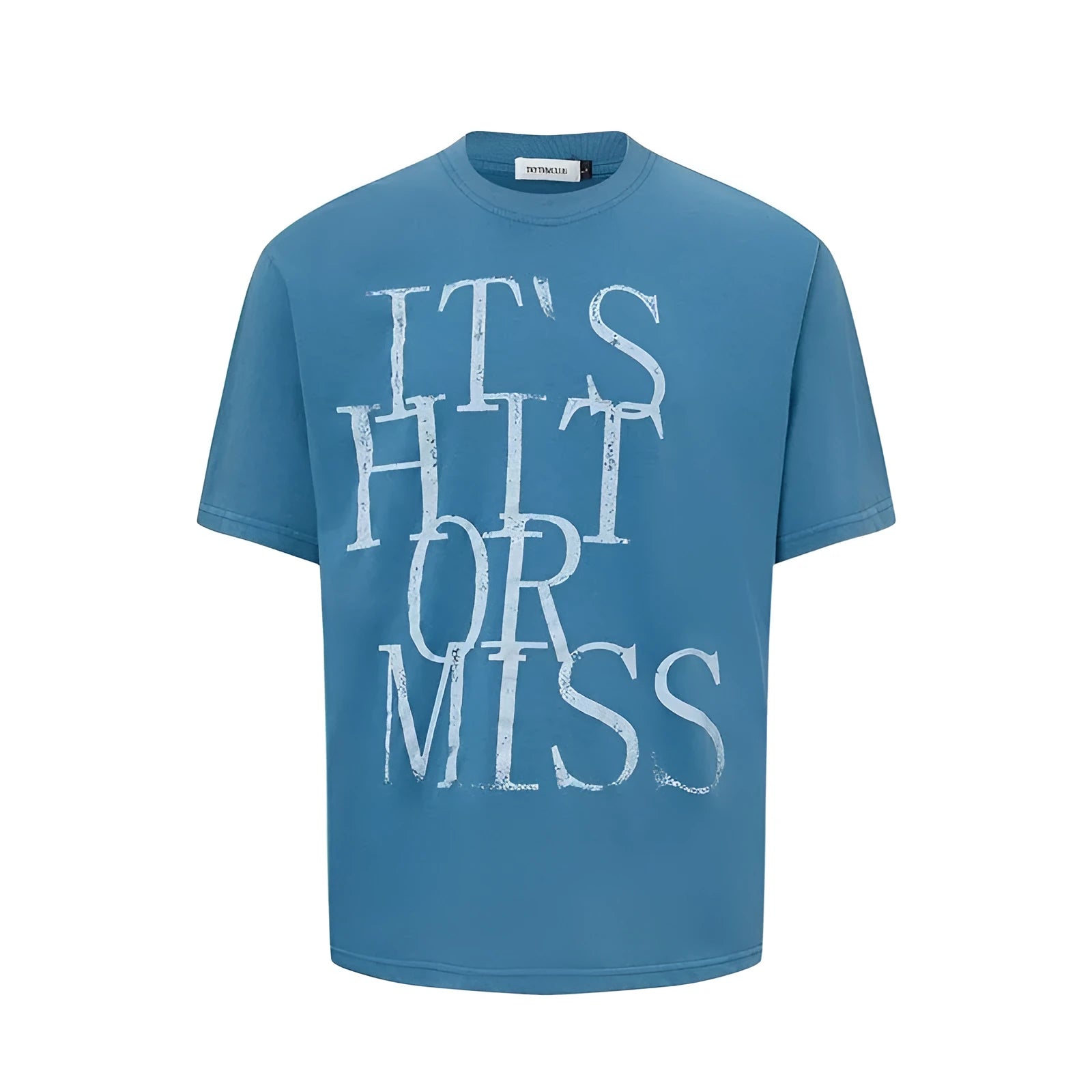 Men's blue loose fit cotton blend T-shirt featuring a large American retro style white letter print on the front.