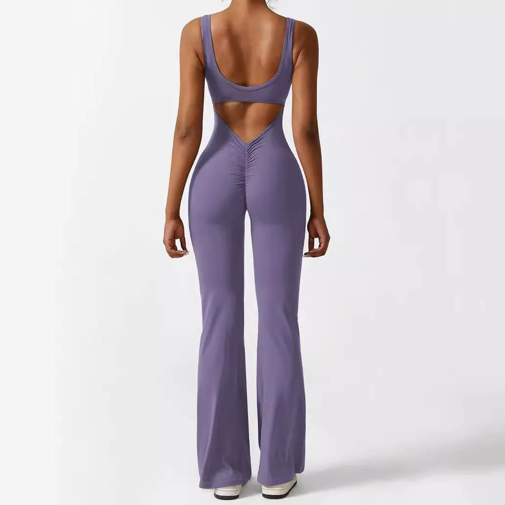 Women's sleeveless flare jumpsuit for fitness and yoga in high elasticity polyester fabric