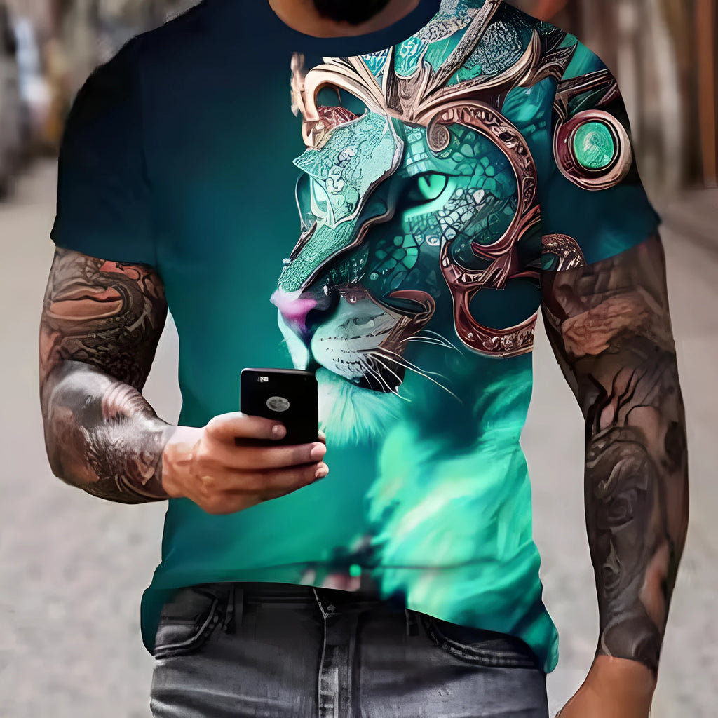 Men's grey T-shirt with a fierce lion's head in raised 3D print on the front.