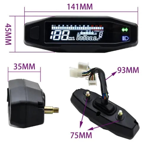 Black motorcycle mini speedometer with LCD display showing digital readouts and oil monitoring indicator