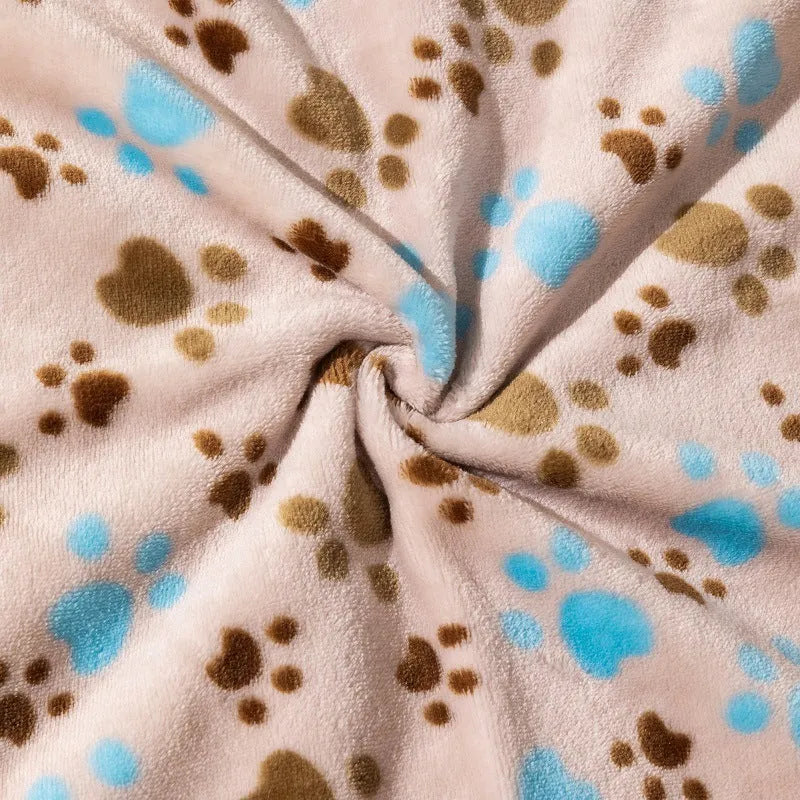 Double-sided dog blanket with cartoon anime pattern in blue dog print, shown beside size options