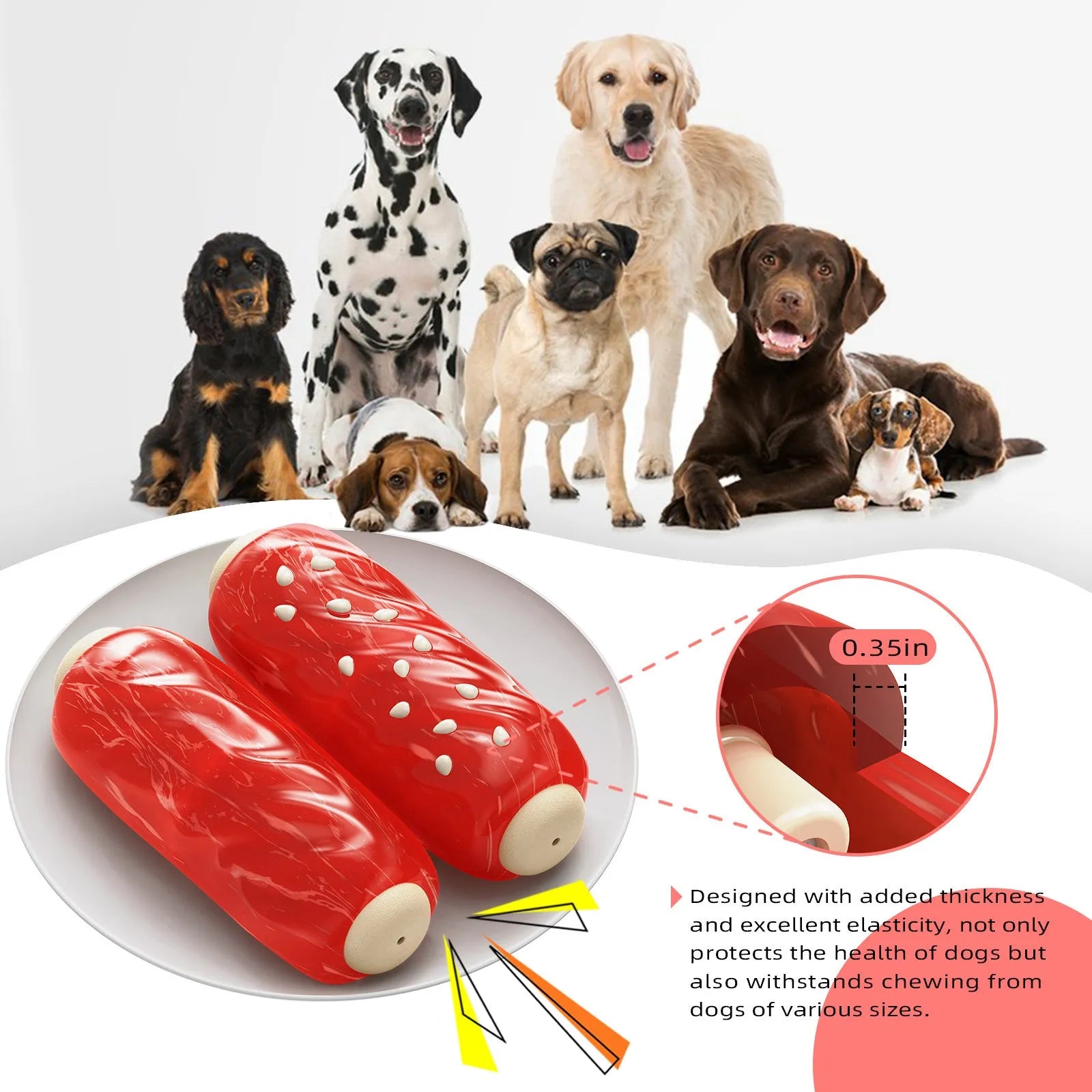 Primary colour plastic dog dental chew toy with molar rod shape and textured cleaning surfaces