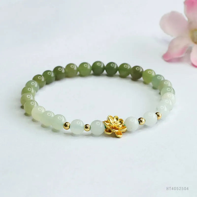 Hand-woven Hetian jade clear water gradient bracelet with lotus flower shape, 6mm beads, 17cm length