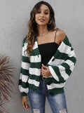Women's striped Deer plush cardigan with button front and regular sleeves in dark green.