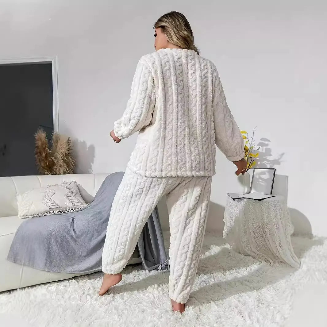 Women's creamy white polyester two-piece tracksuit set with crew neck top and matching trousers