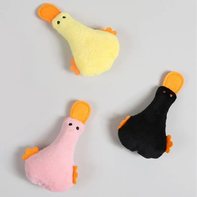 Yellow duck plush pet toy with catnip filling and squeaker for cats and dogs