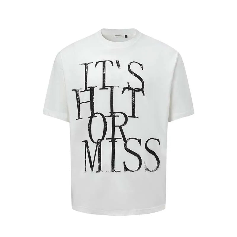 Men's blue loose fit cotton blend T-shirt featuring a large American retro style white letter print on the front.