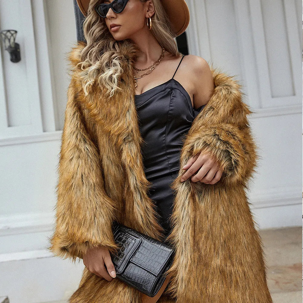 Yellow women's faux fur coat with regular sleeves and 80cm length in loose fit style