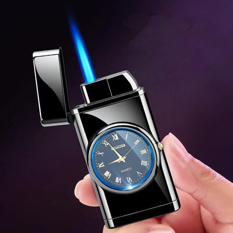 Metal electronic watch cigarette lighter with LED digital display and choice of five brushed or textured finishes.