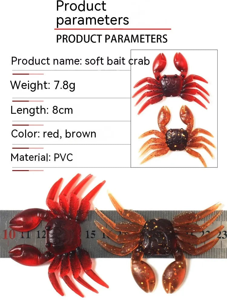 8cm brown and red PVC soft plastic crab fishing lure on a white background