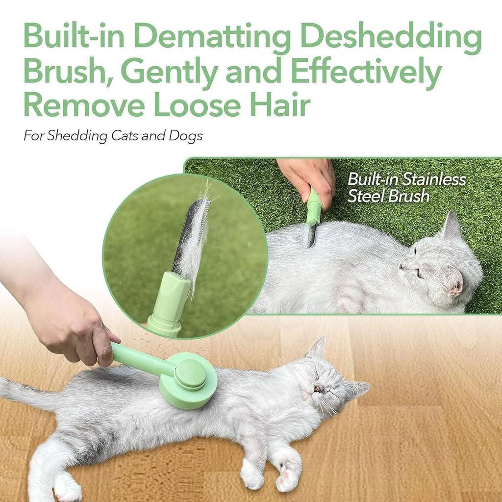 Green and yellow pet grooming brush with stainless steel teeth for cats and dogs