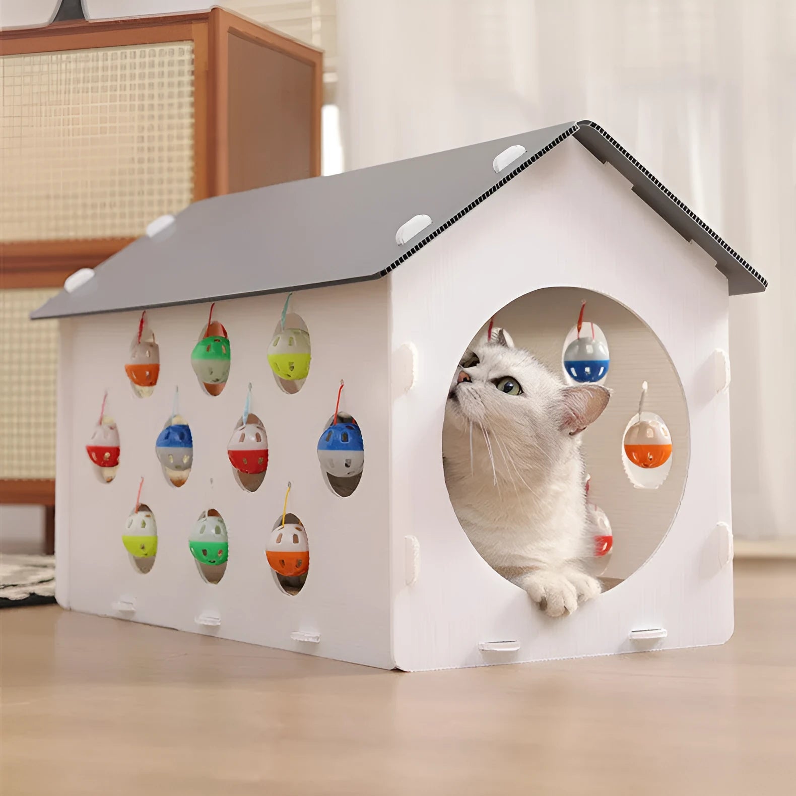 Integrated plastic cat scratch board toy with bell ball, tunnel, and sleeping nest for indoor cats