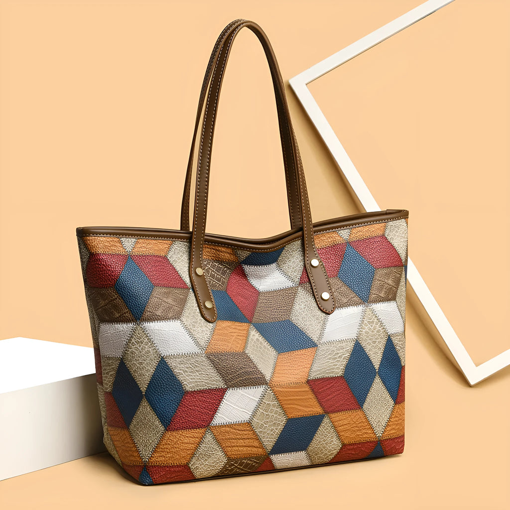 Women's blue brown PVC shoulder handbag with sandwich pocket design showing organised compartments