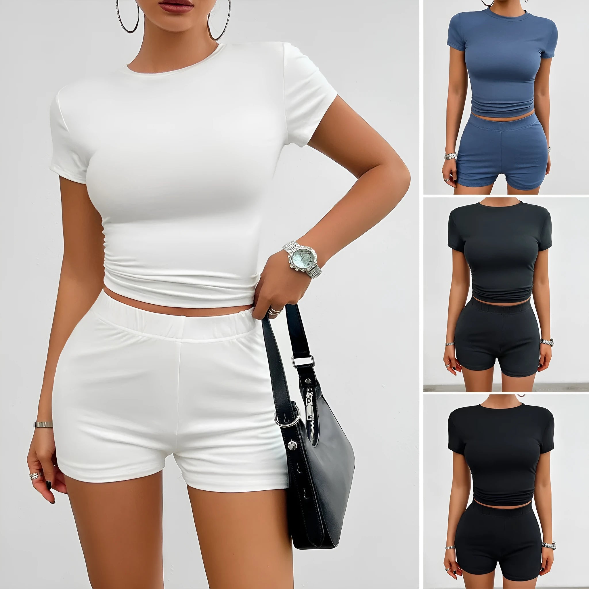 Women's slim-fit viscose sports suit set with short-sleeved t-shirt and elastic shorts in grey blue.