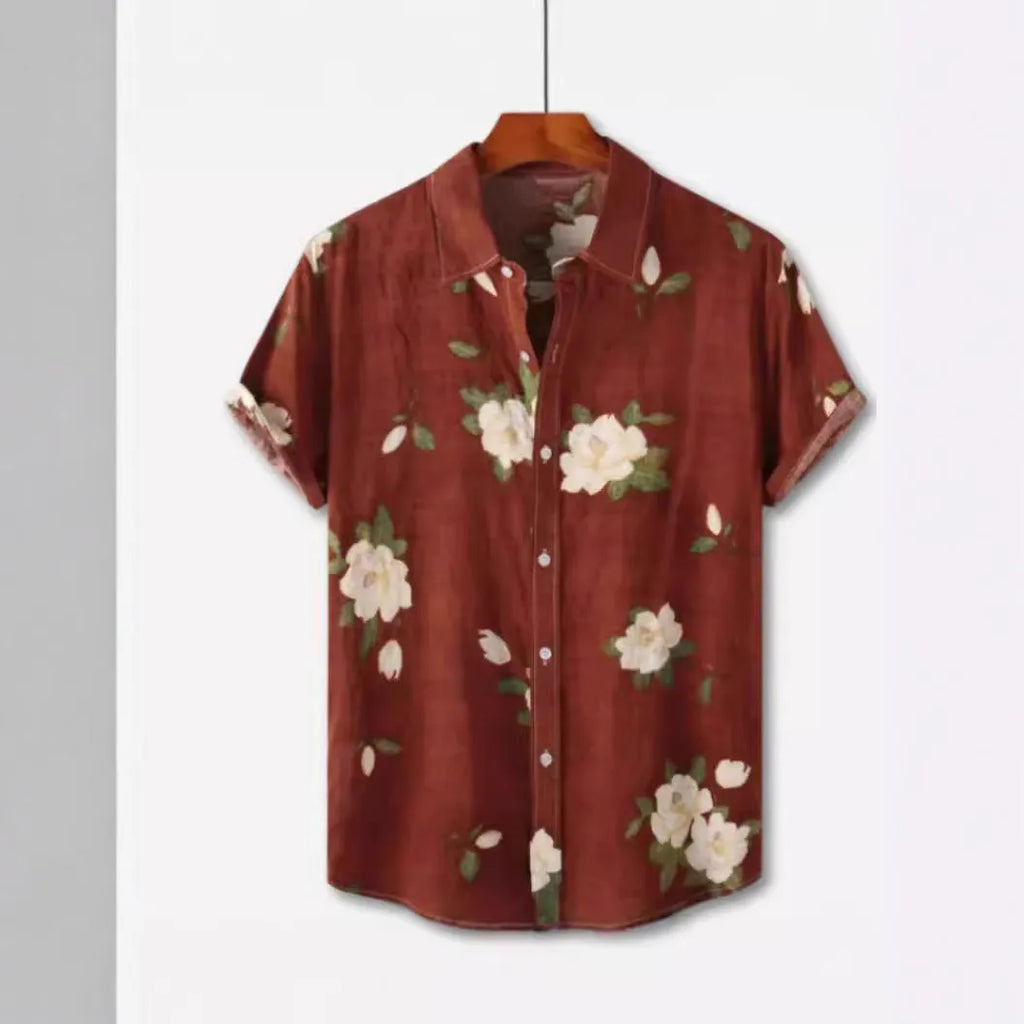 Hawaiian print short sleeve shirt with floral pattern and lapel design in street fashion style
