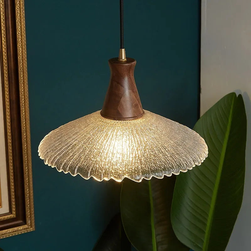 Retro wood and glass ceiling chandelier with brass finish for restaurant lighting