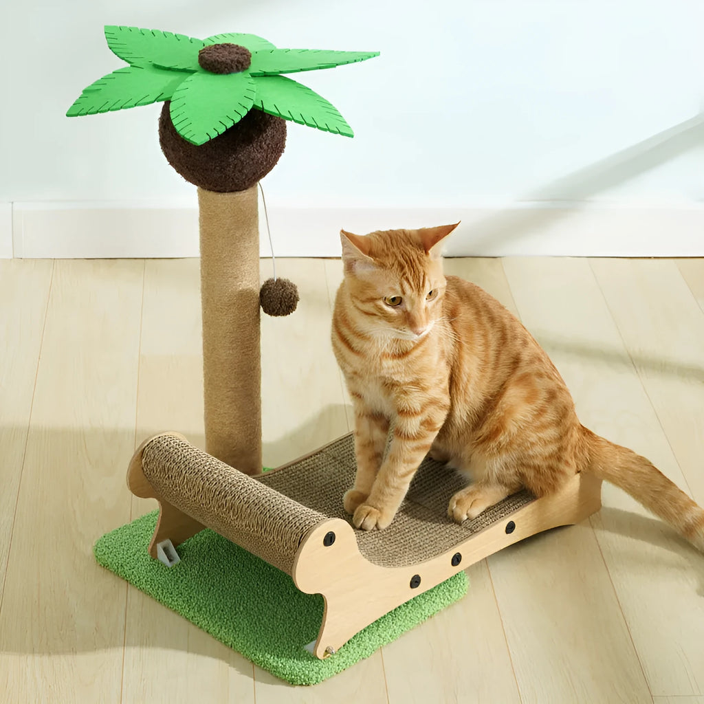 Wooden beach chair style cat climbing frame with scratch board and hemp mat.