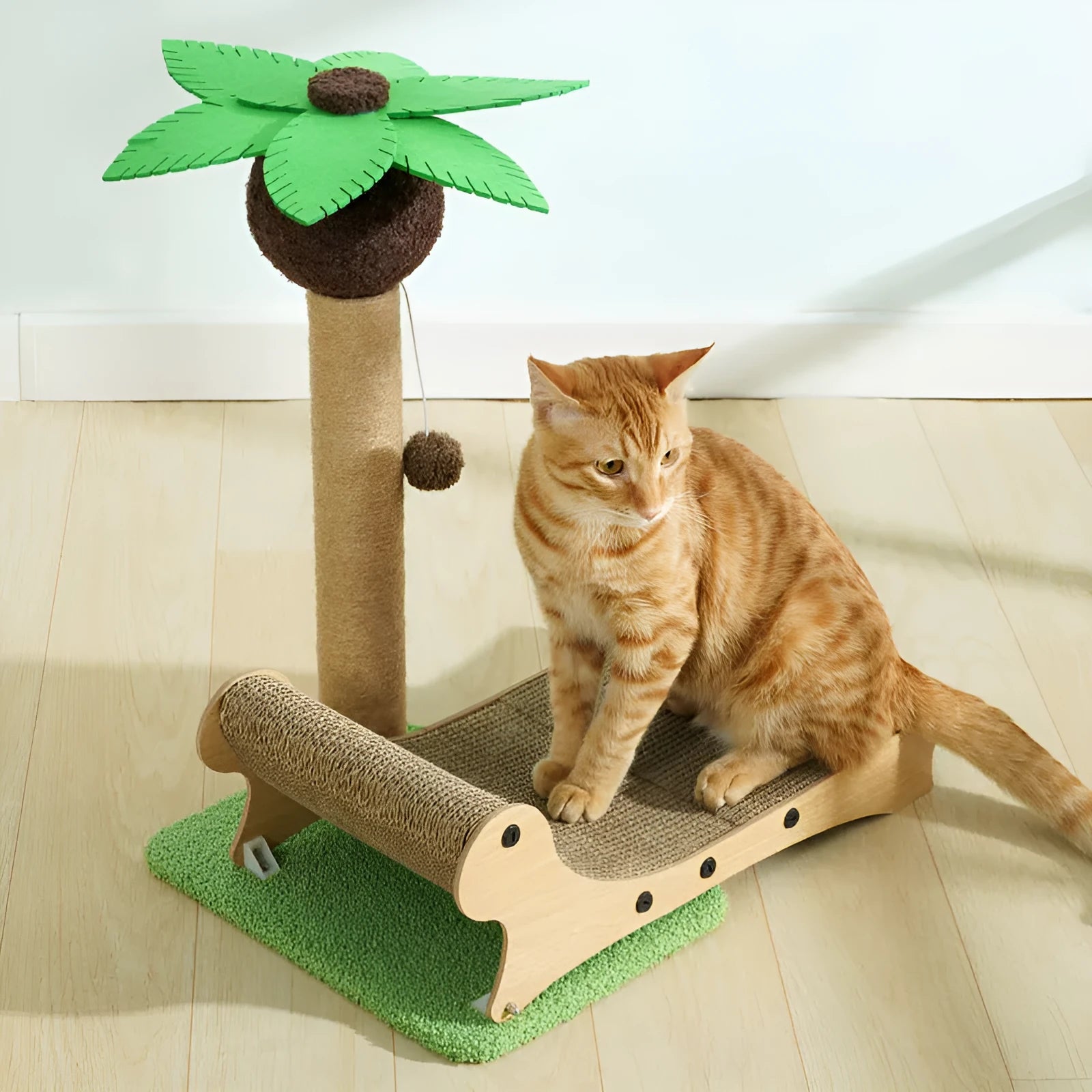 Wooden beach chair style cat climbing frame with scratch board and hemp mat.