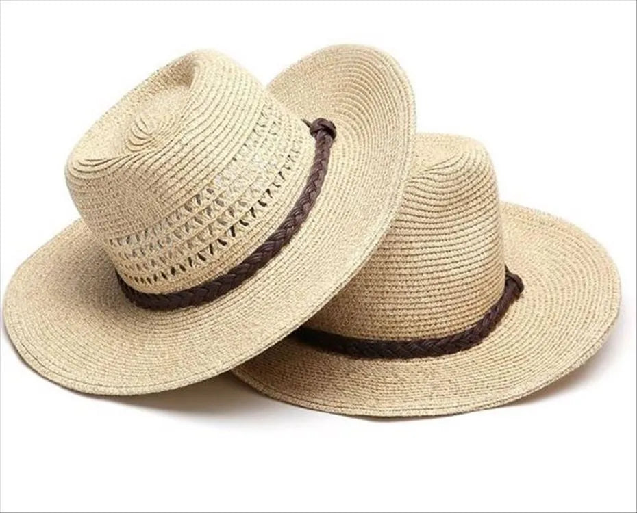 Men's foldable straw sun hat with wide brim in beige colour shown in three different sizes