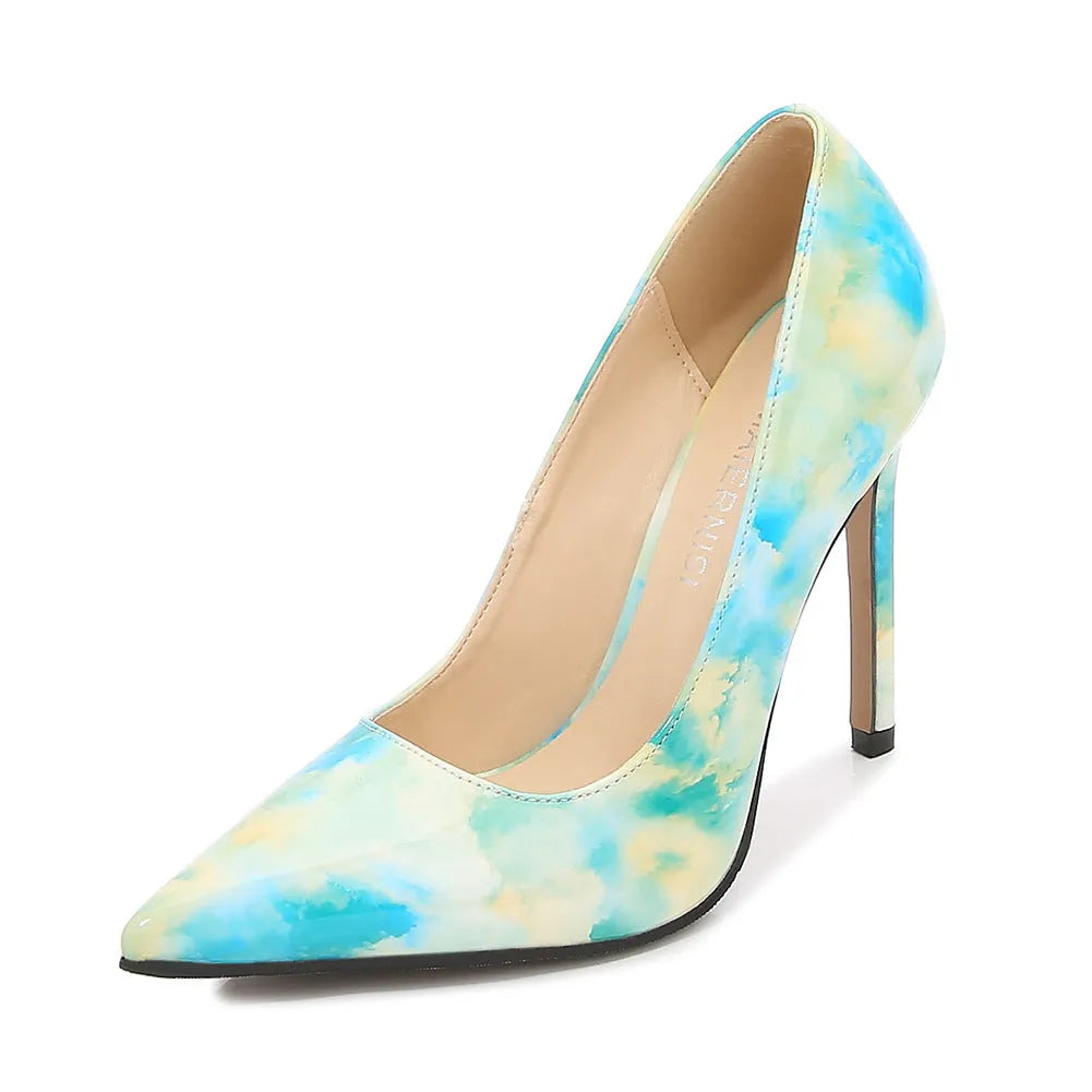 Green pointed high heels with floral cloth detail and super high heel above 8cm
