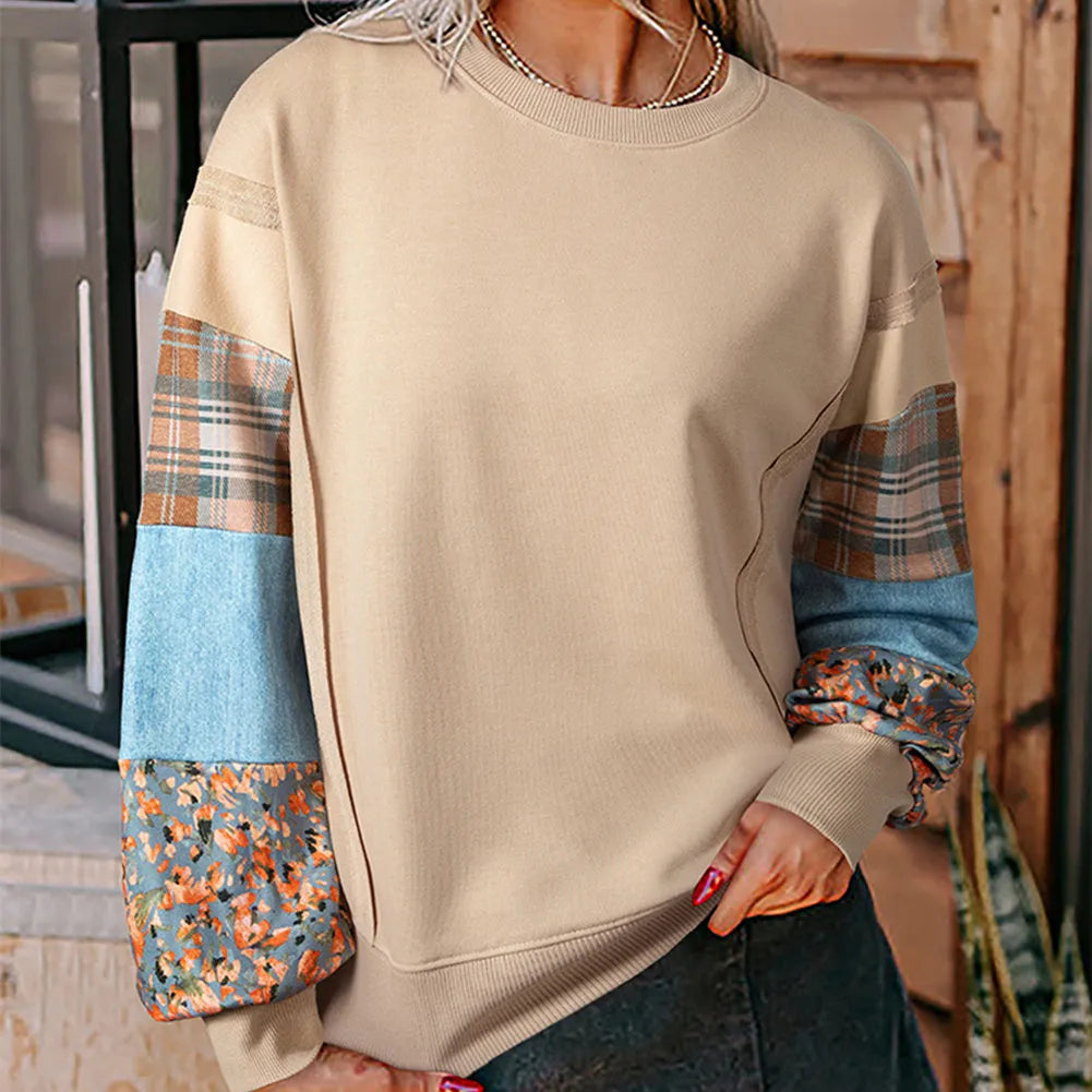 Women's loose fit plaid long sleeve top in apricot colour with regular sleeves