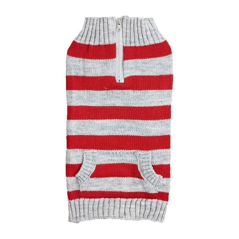 Grey dog sweater with horizontal zipper and contrast colour pocket on small breed dog
