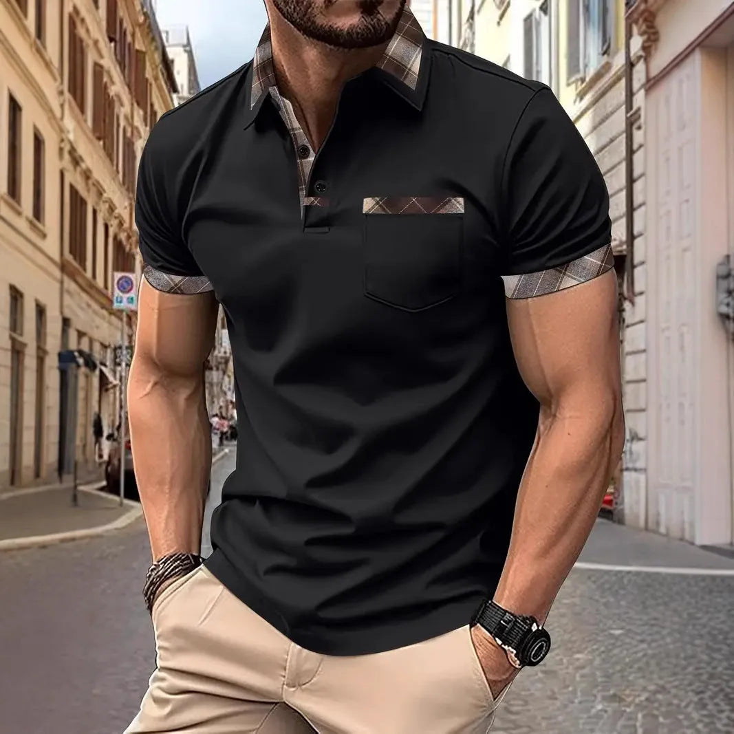 Men's loose fit plaid colourblock t-shirt with decorative zipper elements on short sleeves