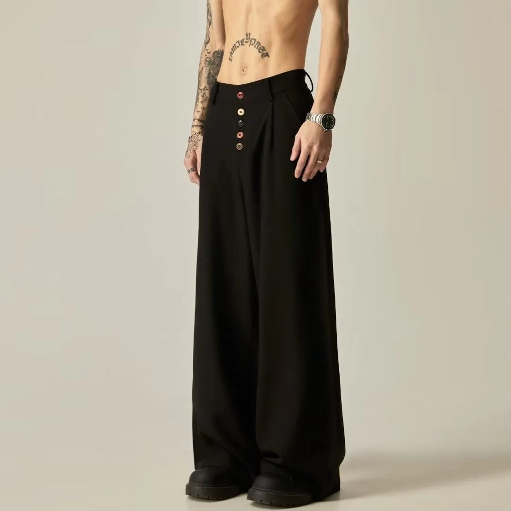 Men's solid colour wide-leg casual trousers in black or brown with straight-leg fit and button fly